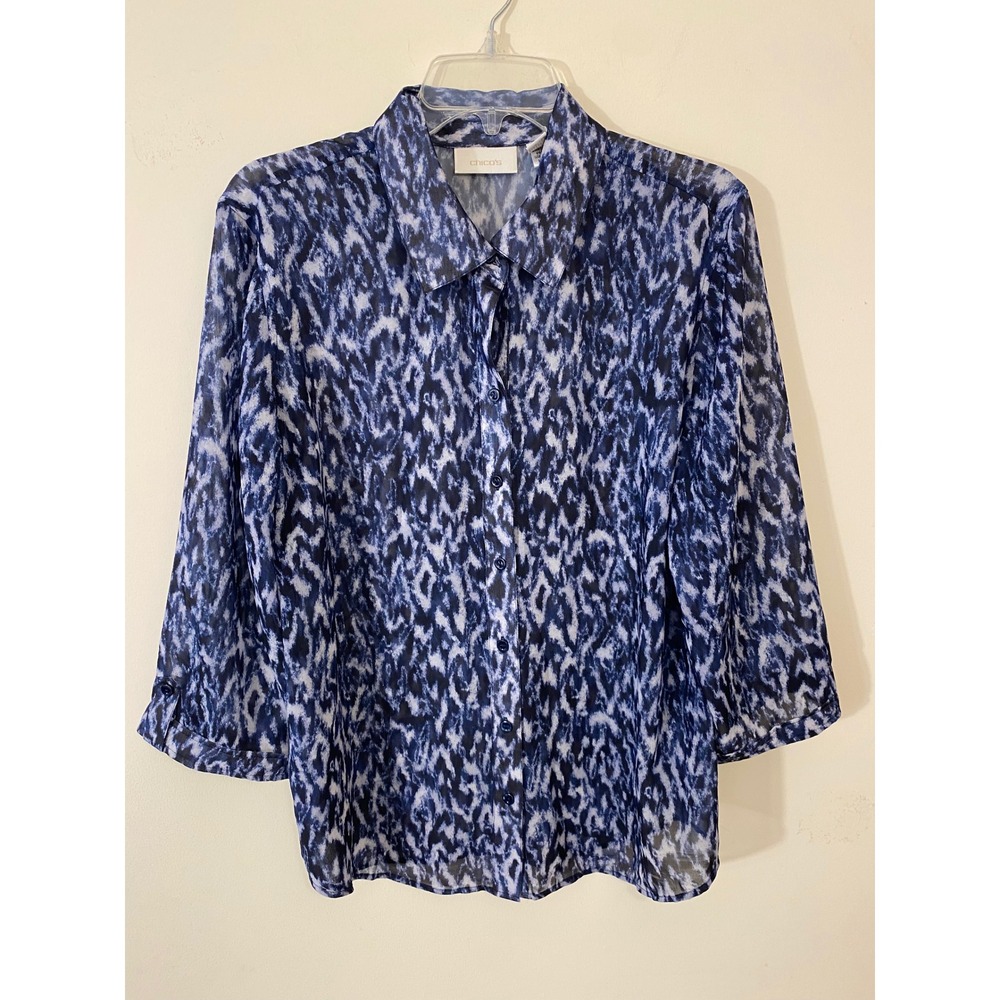 Chico's Size 2 L Blue Ikat Blouse Artsy Coastal Sheer Roll-Tab Shirt